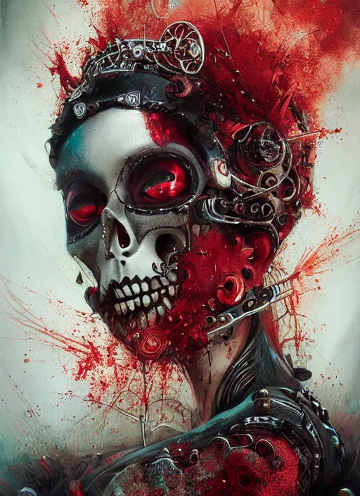 Image similar to queen of hearts, cyborg, skull, highly detailed, cinematic, 8 k, by megan duncanson, benjamin lacombe, adrian borda, stanley artgermm, tom bagshaw, craig mullins, carne griffiths, ayami kojima, beksinski, giger, trending on deviantart, hyper detailed, horror, full of colour