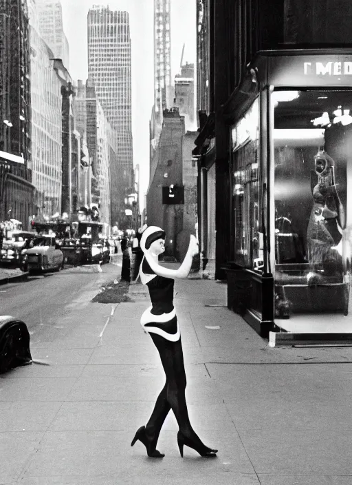 Prompt: analog film photography of a woman with an hourglass figure, on madison avenue, new york city 1 9 6 3. by vivian maier. american street photography movement, marquee lights glow in the background, 3 5 mm lens, kodak brownie camera, symmetrical balance, in - frame