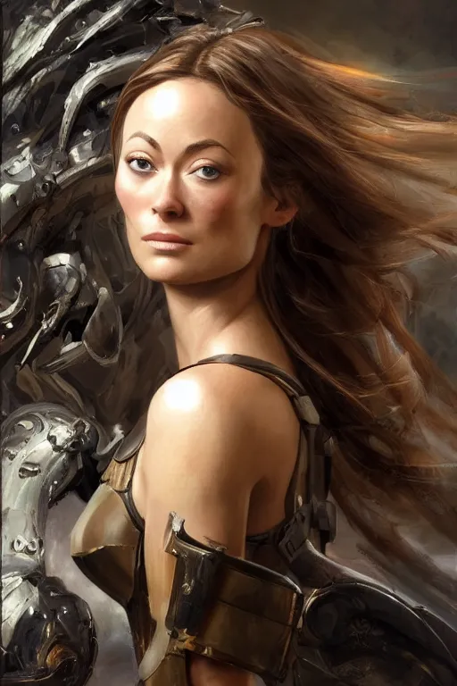 Image similar to a professional painting of a young Olivia Wilde, clothes in military armor, olive skin, long dark hair, beautiful bone structure, symmetrical facial features, intricate, elegant, digital painting, concept art, smooth, sharp focus, illustration, from StarCraft by Ruan Jia and Mandy Jurgens and Artgerm and William-Adolphe Bouguerea