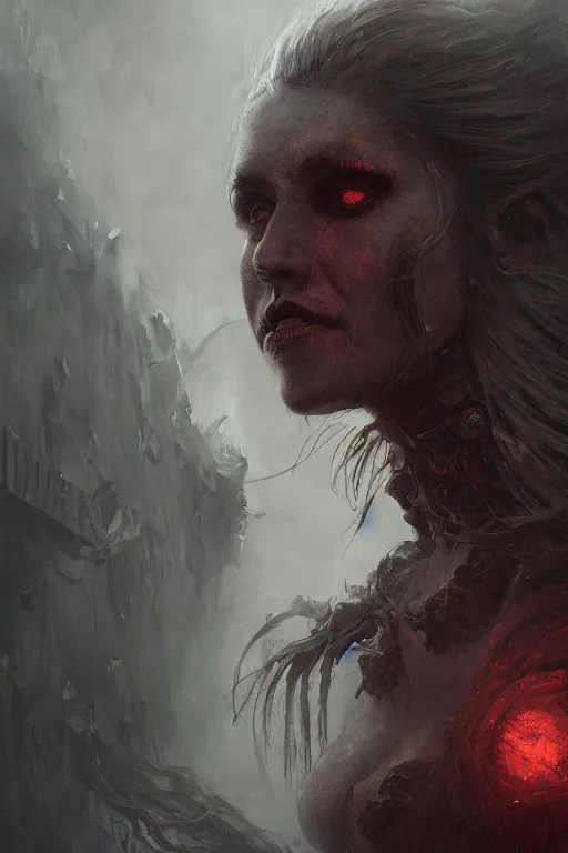 Image similar to A portrait of a monstrous women by Greg Rutkowski, Sung Choi, Mitchell Mohrhauser, Maciej Kuciara, Johnson Ting, Maxim Verehin, Peter Konig, Bloodborne, 8k photorealistic, cinematic lighting, HD, high details, dramatic, dark atmosphere, trending on artstation