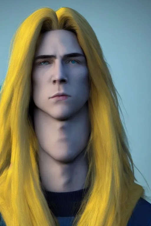 Image similar to a male teenager with long blue hair and yellow eyes wearing a winter overcoat, hyperrealistic, concept art, octane render, unreal engine 5, trending on artstation, high quality, 8 k, highly detailed, digital art, anatomically correct, symmetrical, realistic and defined face, high coherence, path traced, face portrait, yellow eyes, blue hair