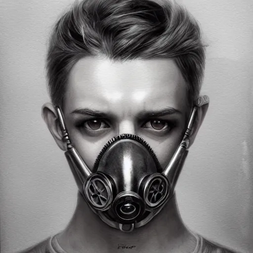 Prompt: tom mcdonald with a gas mask character portrait, lean face, cinematic lighting, glowing grey eyes, hyper - detailed, 4 k, high resolution, in the style of charlie bowater, tom bagshaw, single face, symmetrical, headshot photograph, insanely detailed and intricate, beautiful, elegant, watercolor, cinematic, portrait, raphaelite, headroom, pierre - auguste renoir