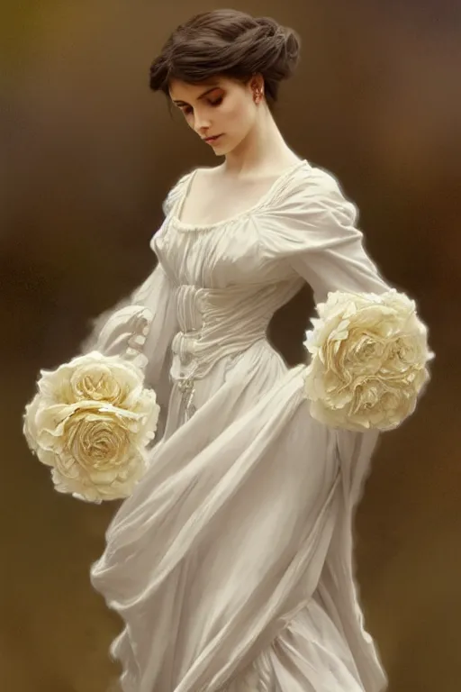 Image similar to woman dressed in a vaporous wrapped large victorian white roses silk dress fashion, D&D, fantasy, intricate, elegant, highly detailed, digital painting, artstation, concept art, matte, sharp focus, illustration, art by Artgerm and Greg Rutkowski and Alphonse Mucha