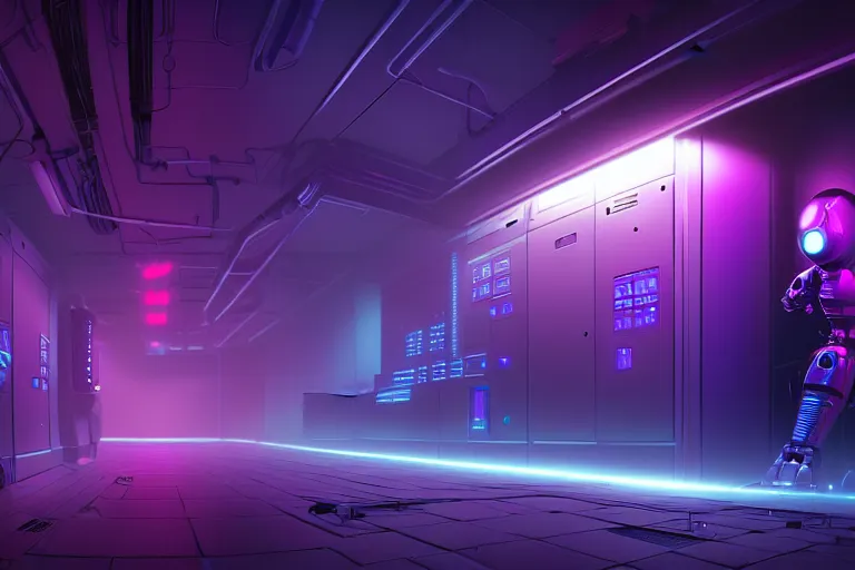 Image similar to realistic robot in a data server room, neon and dark, purple and blue color scheme, dan mumford, inception, blade runner, the fifth element, fisheye, volumetric octane render, by ruan jia and ross tran, malevich