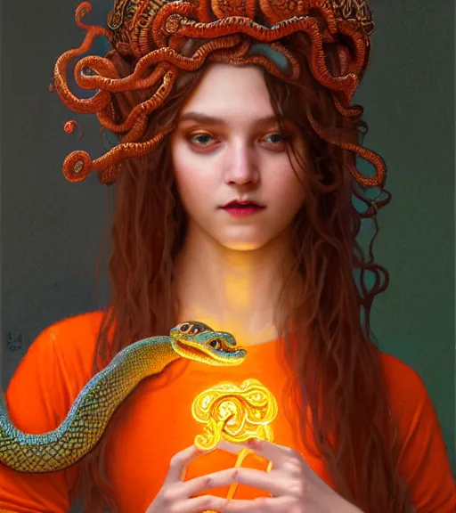 Image similar to portrait of teenage medusa, snake hair, naughty smile, wearing an embroidered orange tunic, intricate, sensual, sultry, elegant, copper and emerald jewelry, glowing lights, seductive, highly detailed, digital painting, artstation, concept art, smooth, sharp focus, illustration, art by wlop, mucha, artgerm, and greg rutkowski