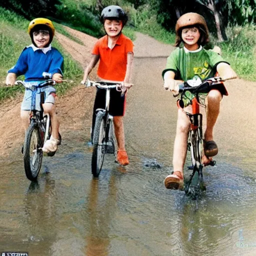 Image similar to realistic photograph from the 1980's of kids riding bikes in Australia near a river carrying a stamp collection with a speech bubble saying yeeeee!