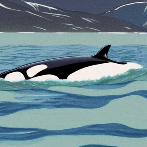 Image similar to orca swimming in a fiord, caricature, amazing details