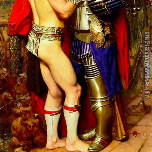 Image similar to attractive fully clothed arthur pendragon confesses his love for his attractive fully clothed male knight. highly detailed painting by gaston bussiere and j. c. leyendecker 8 k