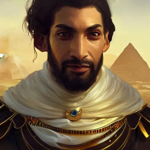 Image similar to egyptian nobleman, portrait, headshot, D&D, fantasy, highly detailed, digital painting, artstation, concept art, sharp focus, illustration, art by artgerm and greg rutkowski and alphonse mucha