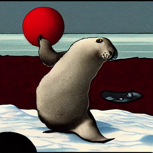 Image similar to cartoon drawing of a seal tossing a red ball with a sheep in antarctica. the seal's head is sticking out above the water and the sheep is standing near the edge of ice