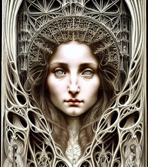 Image similar to hyperrealistic detailed face portrait of a beautiful long haired young goddess morphing into a gothic cathedral, authentic ornamental architecture, intricate and highly detailed, awe inspiring art by ernst haeckel, android jones, h. r. giger, alphonso mucha, gothic, neo - gothic, heavily ornamental,