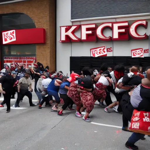 Image similar to a horde of obese zombies trying to get into a barricaded KFC.