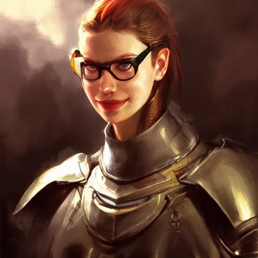 Image similar to gordon freeman as an attractive young smiling woman dressed as a knight, face portrait, hd shot, digital portrait, beautiful, fantasy art, artstation, comic style, by artgerm, guy denning, jakub rozalski, magali villeneuve and charlie bowater