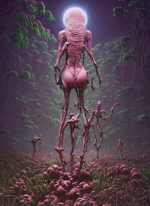 Prompt: blockchain headquater nendroid ginoid by zdzislaw beksinski and hajime sorayama lush plants and spiky bones everywhere, the moon is big an in the city, glowing paper lanterns, high fashion, magic details, by james jean, hd, 8 k, trending on artstation, uhd