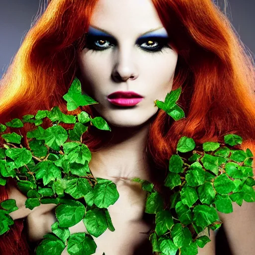 Image similar to A beautiful portrait of alicja tubilewicz smiling as Poison Ivy from Batman as a Versace fashion model Spring/Summer 2010, highly detailed, in the style of cinematic, Getty images, Milan fashion week backstage, Extreme close up, Makeup by Pat McGrath, Hair by Guido Palau, Greg rutkowski