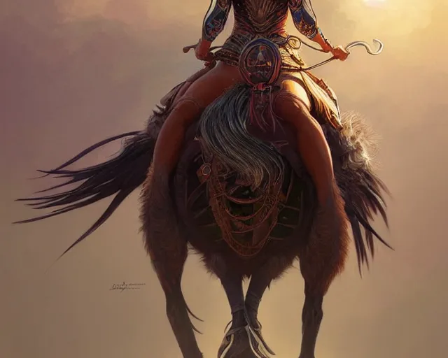 Image similar to woman riding an emu, deep focus,, fantasy, intricate, elegant, highly detailed, digital painting, artstation, concept art, matte, sharp focus, illustration, hearthstone, art by artgerm and greg rutkowski and alphonse mucha