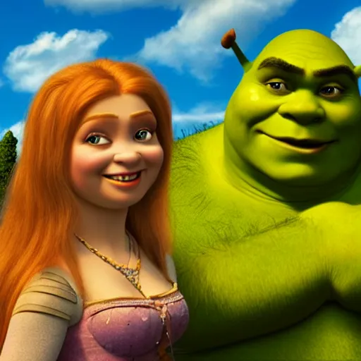 Image similar to shrek from shrek with long lush golden hair attractive muscular stylish knight in shining golden armor with long lush golden hair a strong jaw and attractive green eyes, 8 k resolution, pixar render, similar to the mona lisa, art by leonardo devinci and pixar