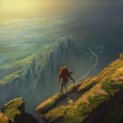 Prompt: a beautiful ultradetailed painting of a colossus giant warrior walking through the edge of the world, golden hour, Albert Bierdstat, Makoto Shinkai, 4k, trending on artstation,Aerial Photography, Ultrawide Lens