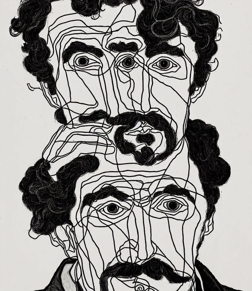 Image similar to detailed line art portrait of ezra pound, inspired by egon schiele. caricatural, minimalist, bold contour lines, musicality, soft twirls curls and curves, confident personality, raw emotion