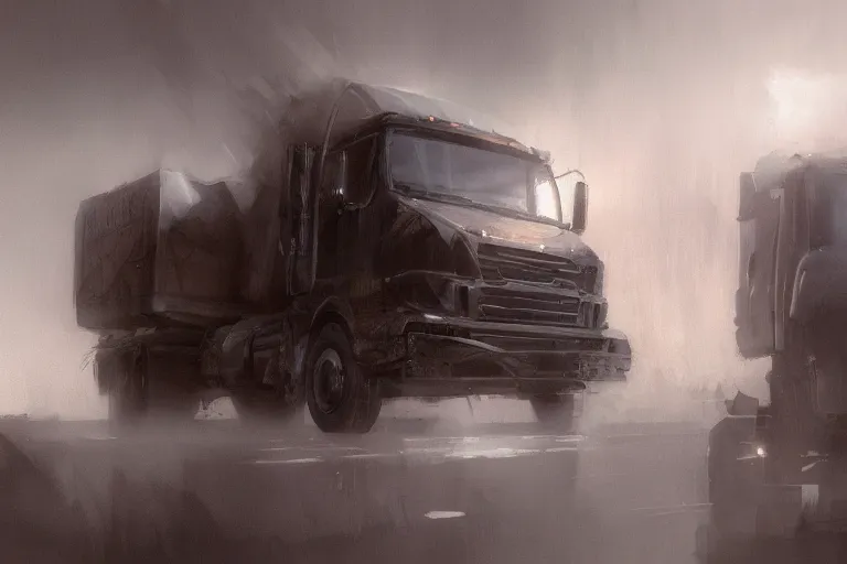 Image similar to epic concept art of an approaching truck and a man standing still. close - up man in foreground. backlight. strong contrast. by ashley wood and j. m. w. turner, speed painting, photo bash, cinematic angle, super detailing, strong perspective, traffic accident, haze over the shoulder shot