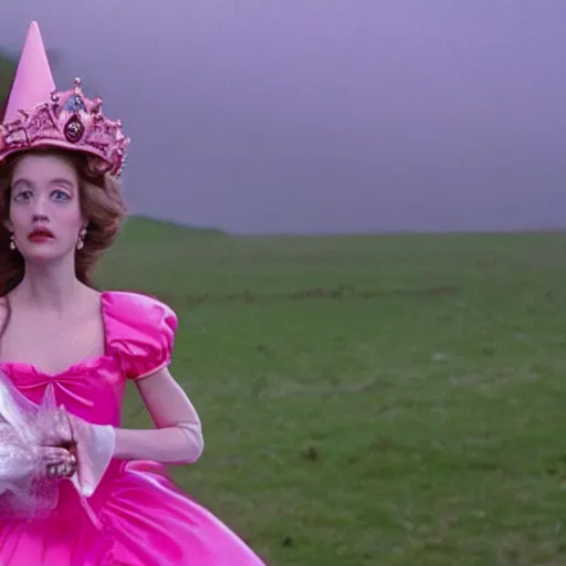 Prompt: an infallible princess wearing a pink dress and cone shaped hat, high resolution film still, live-action film by Tim Burton and Simon Langton