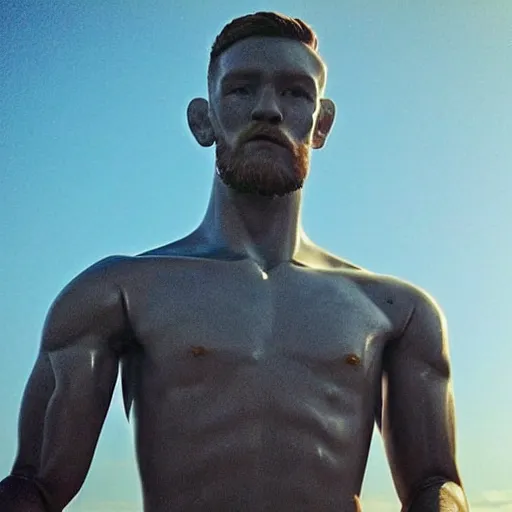 Image similar to “a realistic detailed photo of a guy who is an attractive humanoid who is half robot and half humanoid, who is a male android, boxer Conor McGregor and Canelo Alvarez, shiny skin, posing like a statue, blank stare”