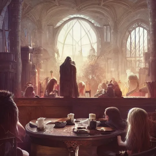 Image similar to family hanging out in brooklyn new york cafe, fantasy, intricate, elegant, highly detailed, digital painting, artstation, concept art, matte, sharp focus, illustration, art by aenaluck and roberto ferri and greg rutkowski, epic fantasy, digital painting