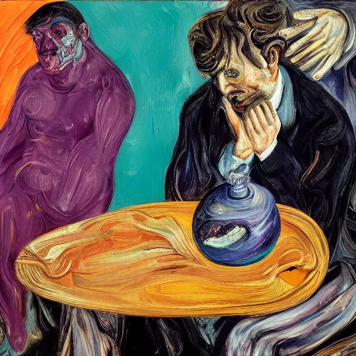 Image similar to high quality high detail expressionist painting of a man in agony by lucian freud and jenny saville and francis bacon and francisco goya and edvard munch, hd, anxiety, seated at table crying and screaming, turquoise and purple and orange and pink