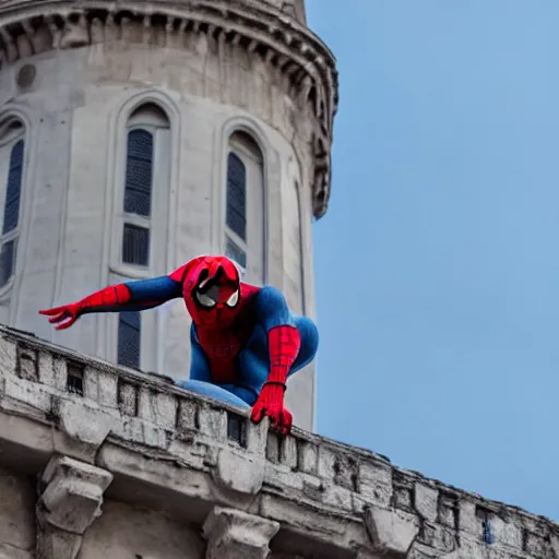 Image similar to Spider-man on top of the Galata Tower in Istanbul, photorealistic, 4K, 200mm lens