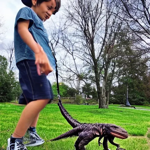 Image similar to a kid at the park walking a velociraptor with a leash