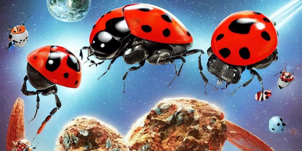 Image similar to a 3 d rendered movie still a ladybug descendant 1 million into the future. the ladybug is sentient, wears a spacesuit, and explores cosmos in a super awesome space ship. science fiction blockbuster movie ladybugs rule the world or my stepmom is a ladybug from the future, imax 7 0 mm. gaurdians of the galaxy.