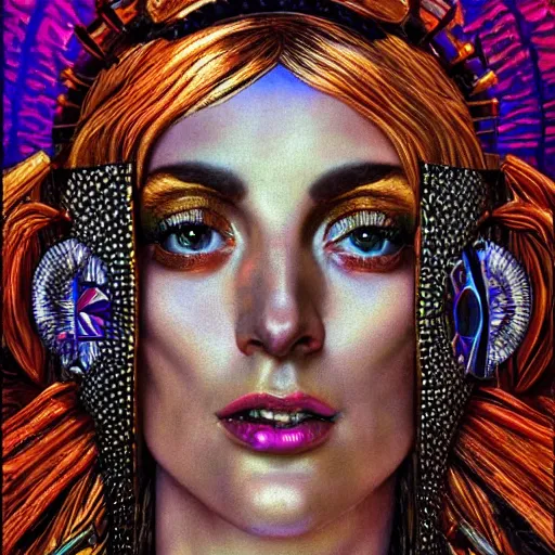 Image similar to close - up renaissance portrait of an iridescent art deco lady gaga, reflective detailed textures, highly detailed fantasy science fiction painting by moebius, norman rockwell and william holman hunt. modern industrial shaman, rich colors, high contrast. artstation