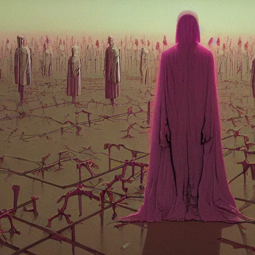 Image similar to the scene opens upon a bleeding android priest who is tending to his flock of children who are made of brilliant clear crystal, epic scope, cinematic, rule of thirds, hyperrealistic, 8 k, intricate detail, ultra detail, cyberpunk, superpop ultrabright, in the style of moebius, in the style of zdzisław beksinski.