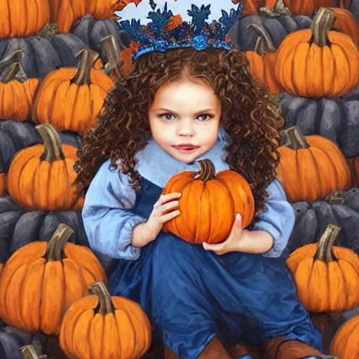 Image similar to a cute little girl with light brown wavy curly hair and blue eyes sitting amidst piles of pumpkins. beautiful cute highly detailed face. she is wearing a crown of autumn leaves. autumn and fall and halloween themed painting by artgerm and greg rutkowski and magali villanueve.