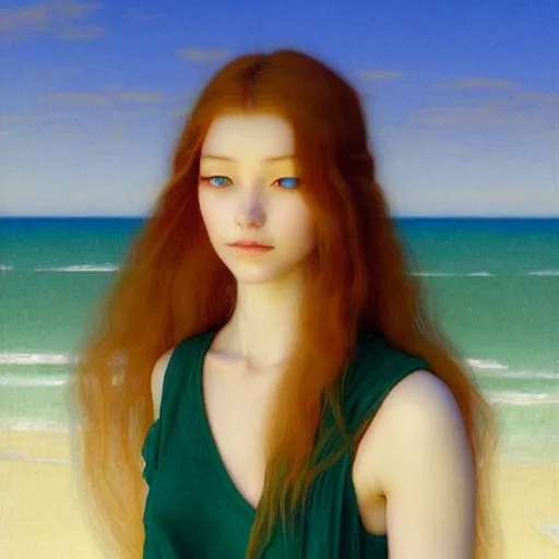 Image similar to a ultradetailed beautiful painting of a young german australian woman at a beach by hsiao ron cheng, ngai victo, nivanh chanthara jean delville wlop and dougherty patrick, trending onv artstation, light sparkles, major arcana sky, sharp focus, soft light