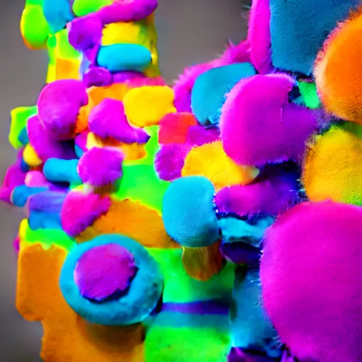 Prompt: : colorful abstract fuzzy sculpture art on the wall in modern architecture studio, cinematic lighting, hyper - realistic, detailed, render by c 4 d octane, unreal engine, 8 k 3 d render