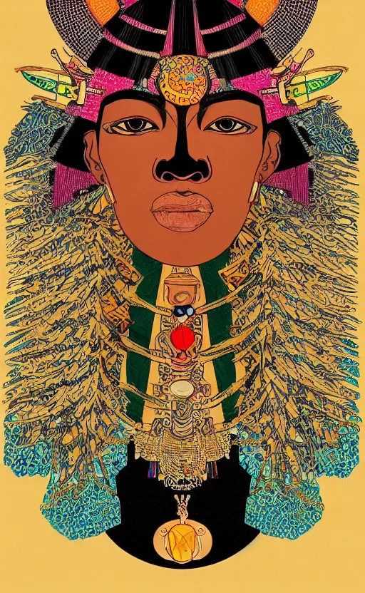 Image similar to upper half portrait of retro futuristic african tribal chief - embellished with vegetation and iridescent crystals, art by utagawa kunisada, highly detailed, digital painting, concept art, illustration, sharp focus, intricate, symmetry, artstation, colourful,