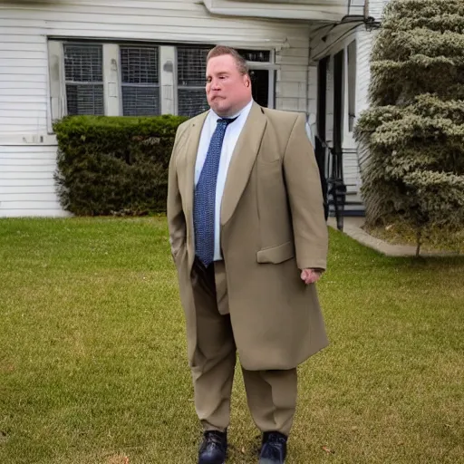 Image similar to the chubby white man stood patiently on the trailer lot, his legs spread apart, wearing an olive green overcoat, dark gray chalk stripe three-piece suit, a blue dress shirt with white cuffs and collars, a midnight blue necktie, and a pair of worn-in wheat Timberland Boots