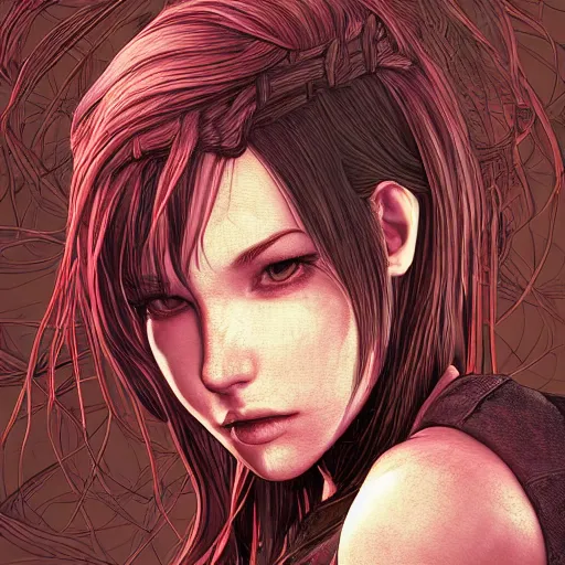 Image similar to the head of tifa lockhart partially made of potatoes roots and violets, an ultrafine detailed illustration by james jean, final fantasy, intricate linework, bright colors, behance contest winner, vanitas, angular, altermodern, unreal engine 5 highly rendered, global illumination, radiant light, detailed and intricate environment