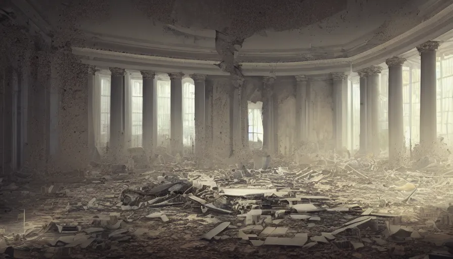 Prompt: interior of the destroyed washington dc's capitol, dust, flying dust particles, dirty ground, hyperdetailed, artstation, cgsociety, 8 k