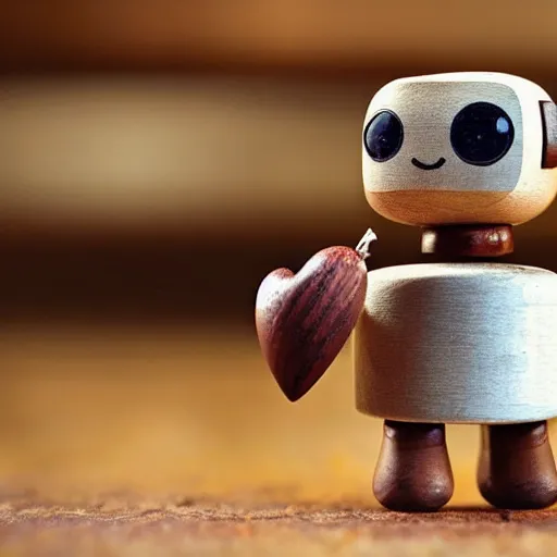 Image similar to an absolutely adorable tiny wooden robot has fallen in love with an acorn, octane, tilt shift, hearts, googly eyes, twee