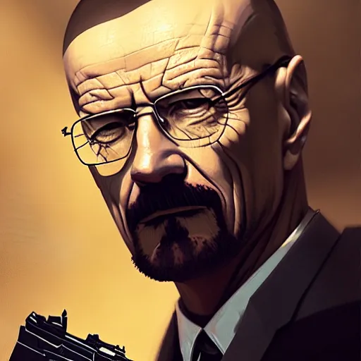 Prompt: portrait of walter white holding a colt model 1 9 1 1, 4 k, concept art, by wlop, ilya kuvshinov, artgerm, krenz cushart, greg rutkowski, pixiv. cinematic dramatic atmosphere, sharp focus, volumetric lighting, cinematic lighting, studio quality