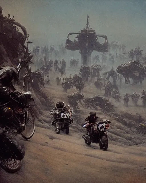 Image similar to motorbikers race in hell, retrofuturism sci - fi old movie, highly detailed, photorealistic, 8 k, by beksinski and stalenhag