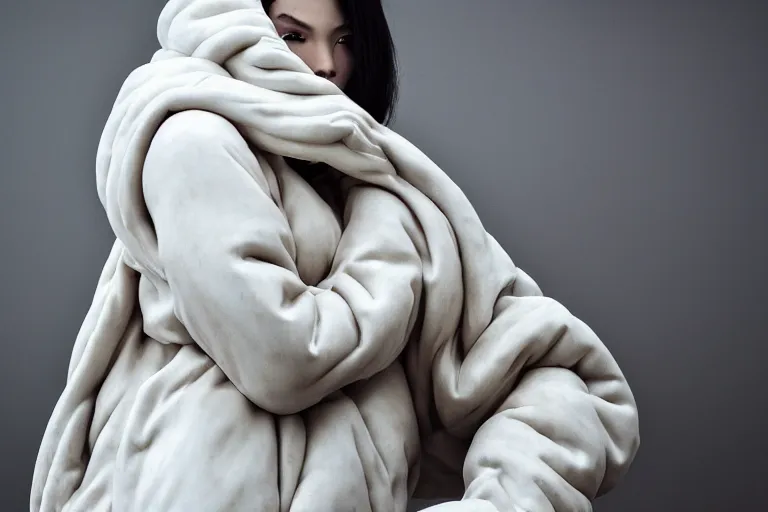 Image similar to well lit fashion shoot portrait of extremely beautiful female marble statue wearing huge over size puffer jacket by dingyun zhang, yeezy, balenciaga, vetements, a cold wall, sharp focus, clear, detailed,, cinematic, detailed, off white, glamourous, symmetrical, vogue, editorial, fashion, magazine shoot, glossy