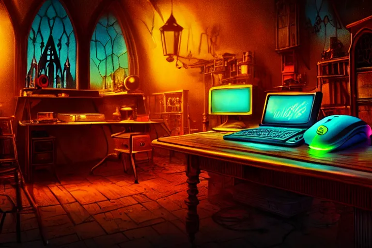 Image similar to A mouse is working on a computer in a Gothic atelier, detailed, colorful, glowing lighting, 4k, dimly lit, in the style of vintage Disney 90s retro future,