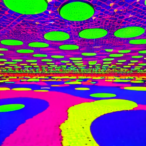 Image similar to neon meadow, art installation with infinity mirrors,