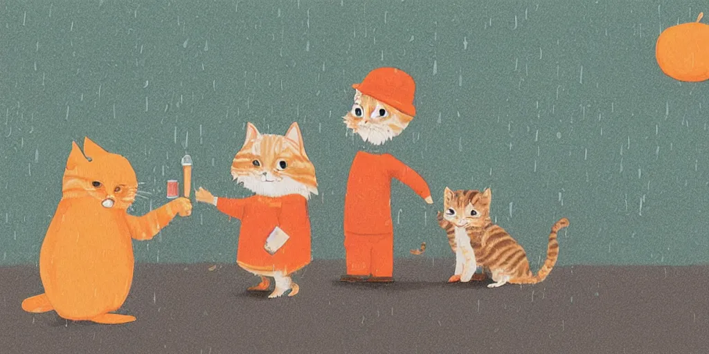 Image similar to a beard man and an orange tabby kitten standing in the rain by richard scarry