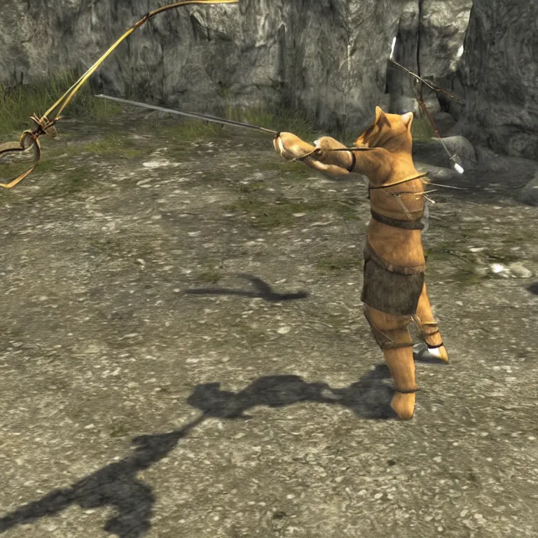 Image similar to a humanoid shiba inu firing a bow, skyrim pc screenshot