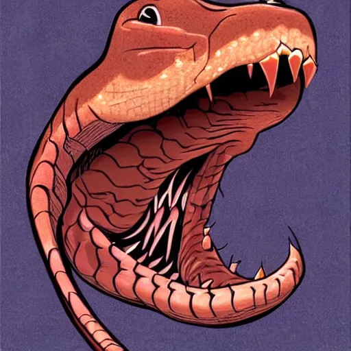 Prompt: a close up illustration of an aggressive copperhead snake looking at you with its fangs showing. matte. illustrated in the style of 1 9 7 0 s novel adventure cover