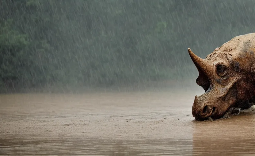 Image similar to nature photography of a rain soaked triceratops in flood waters, african savannah, rainfall, muddy embankment, fog, digital photograph, award winning, 5 0 mm, telephoto lens, national geographic, large eyes